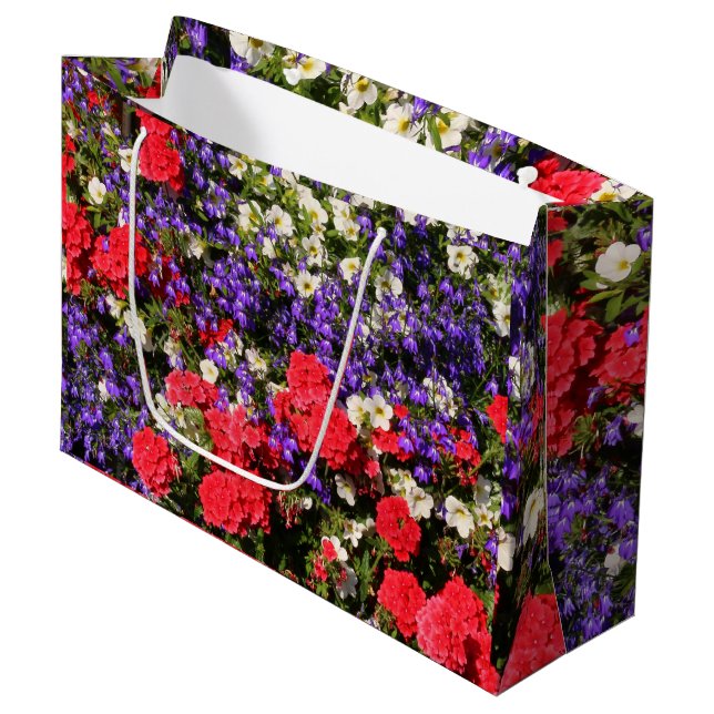 Jährliche Blume lila, rot und weiß Große Geschenktüte (Vorderseite Schrägansicht)
