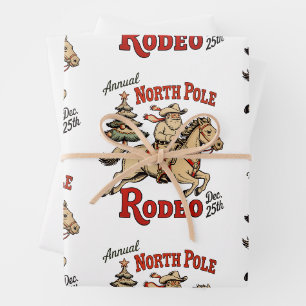 Jährlicher Nordpol Rodeo 25. Dezember Cowboy Santa Geschenkpapier Set