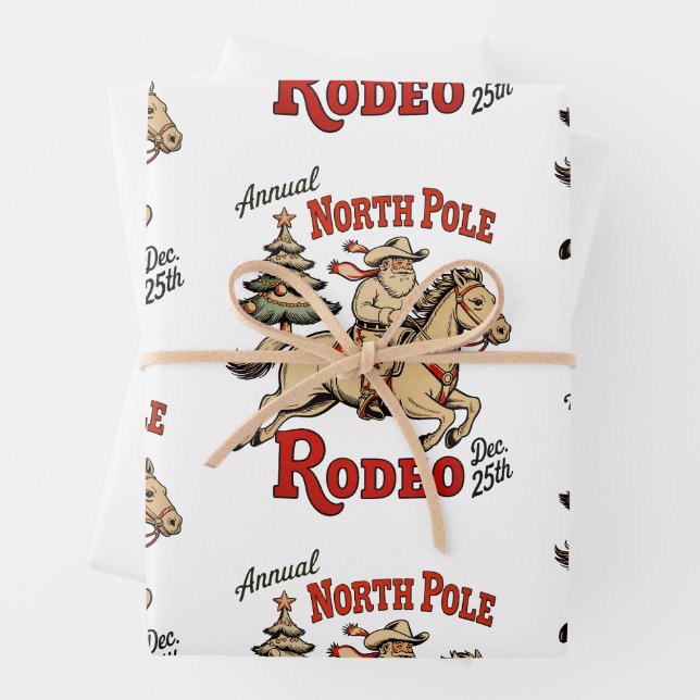 Jährlicher Nordpol Rodeo 25. Dezember Cowboy Santa Geschenkpapier Set (Beispiel)