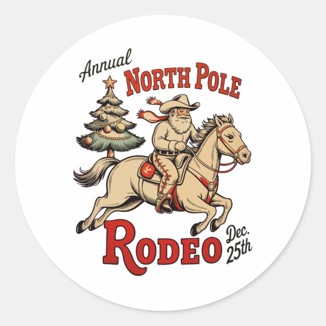 Jährlicher Nordpol Rodeo 25. Dezember Cowboy Santa Runder Aufkleber (Vorderseite)