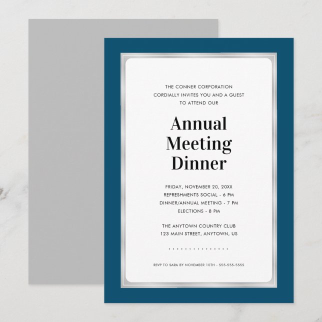Jährliches Meeting Dinner | Navy Blue und Silver Einladung (Vorne/Hinten)