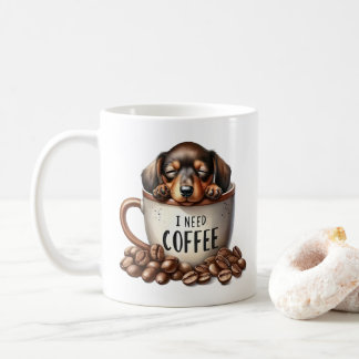 J'ai besoin de café - chiot dans une tasse