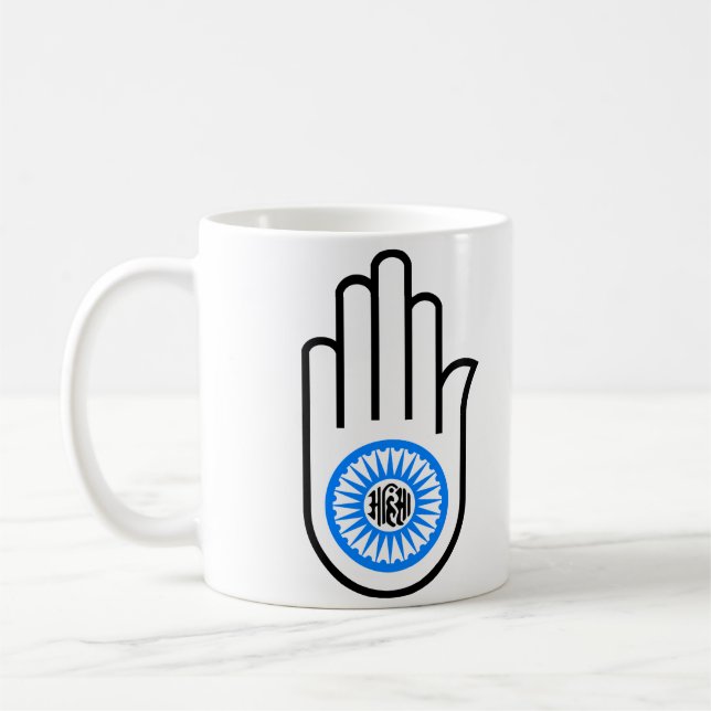 Jainismus-Symbol-Hand und Rad lesenAhimsa Kaffeetasse (Links)