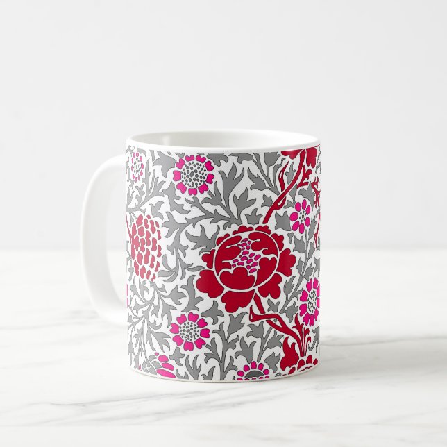 Jakobinflora, tiefrotes Rosa und Grau Kaffeetasse (Vorderseite Links)