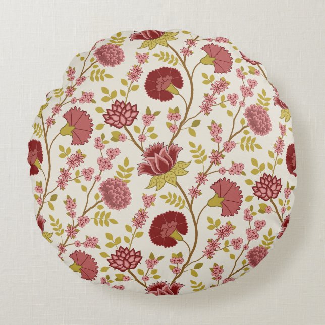 Jakobsbraun Muster Reds Pinks Gold Creme Rundes Kissen (Vorderseite)