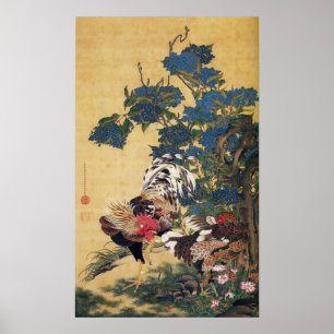 Jakuchu, coq et poule avec des affiches