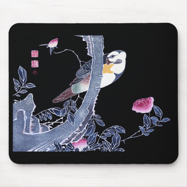 Jakuchu,"Papagei am Zweig einer blühenden Rose" Mousepad (Vorne)