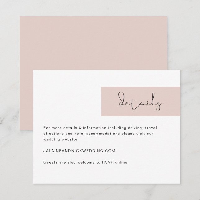 JALAINE Modern Blush Pink Wedding Details Card Einladung (Vorne/Hinten)