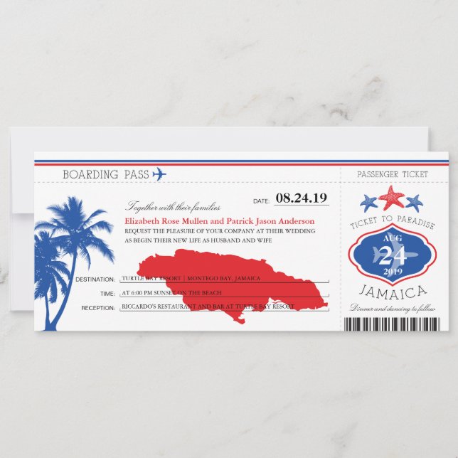 Jamaica Blue/Red Palm Tree Starfish Boarding Pass Einladung (Vorderseite)
