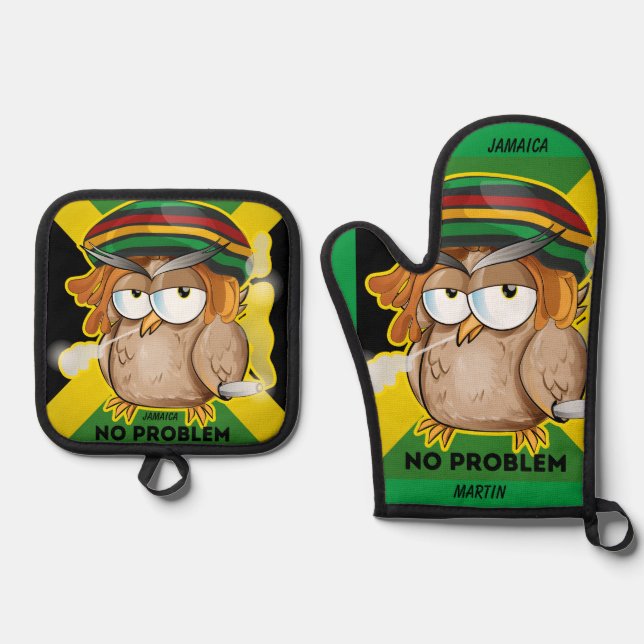 Jamaica No Problem Funny Owl Ofenhandschuh & Topflappen-Set (Vorderseite)