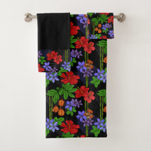 Jamaika Blume und Ackee Frucht tropischen Schwarz Badhandtuch Set