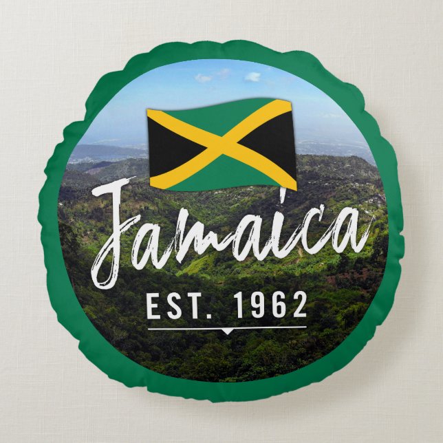 "Jamaika Est. Blaue Berge 1962 mit Flagge Rundes Kissen (Vorderseite)