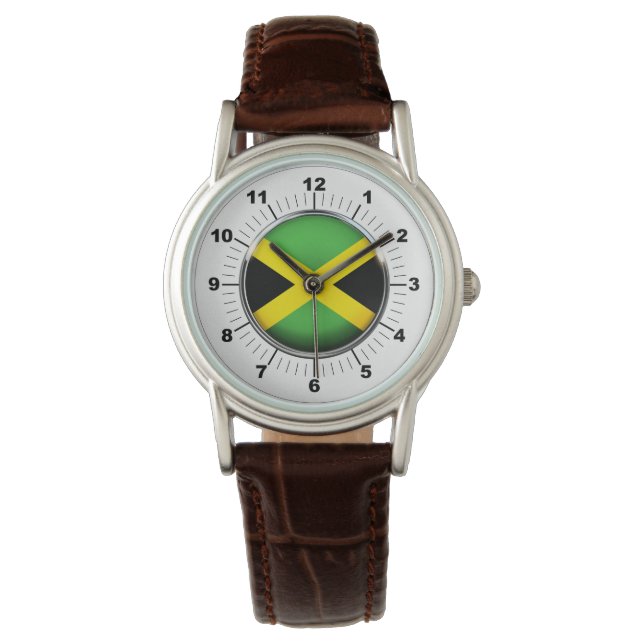 Jamaika-Flagge Klassischer Brauner Lederschau Armbanduhr (Vorderseite)