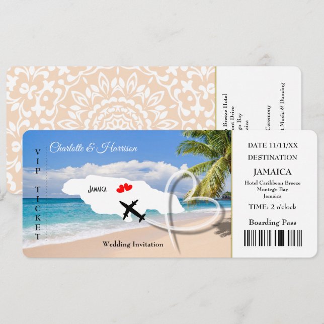 Jamaika Hochzeit in Urlaubsort Ticket Pass Einladung (Vorne/Hinten)
