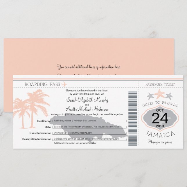 Jamaika-Pfirsich-graue Boarding-Durchlauf-Hochzeit Einladung (Vorne/Hinten)