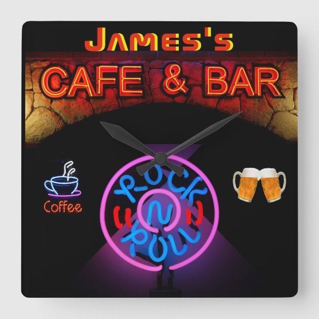 JAMES - Neon Sign Bar Mancave Den Clock Fun Quadratische Wanduhr (Vorderseite)