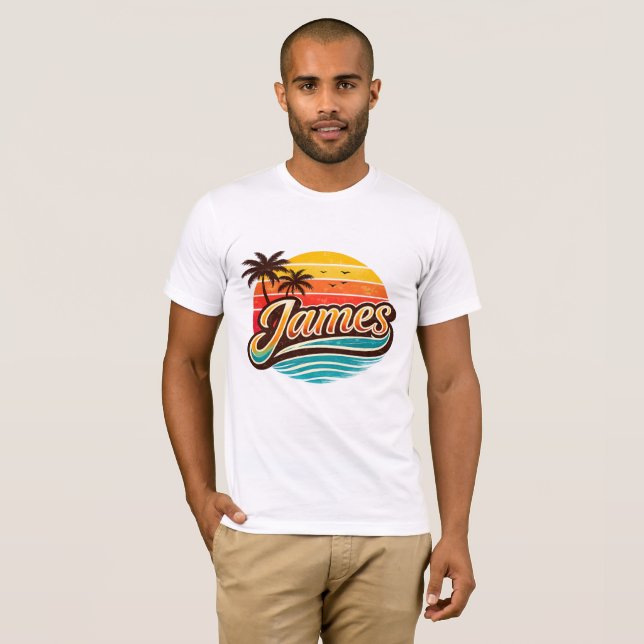 James Retro Sunset Tropical Name Design T-Shirt (Vorne ganz)