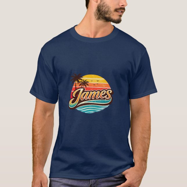 James Retro Sunset Tropical Name Design T-Shirt (Vorderseite)
