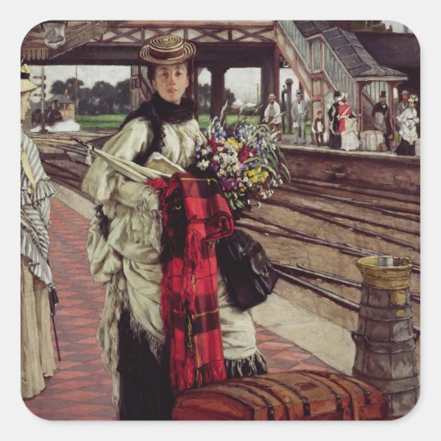 James Tissot | am Bahnhof Gewartet Quadratischer Aufkleber (Vorderseite)