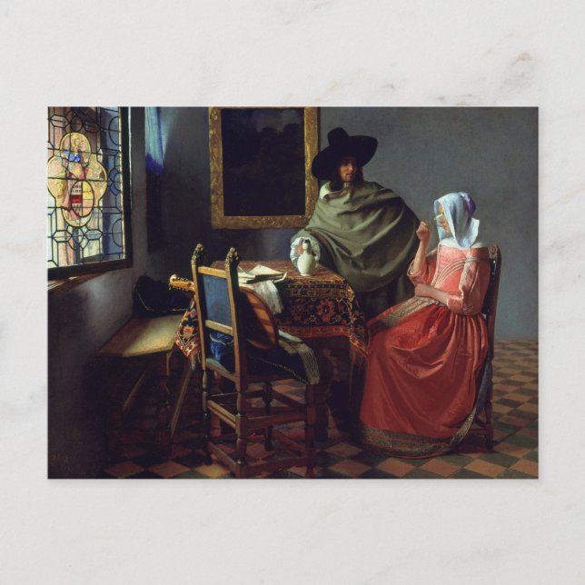 Jan Vermeer - Das Glas Wein Postkarte (Vorderseite)
