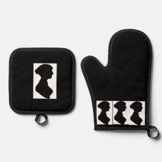 Jane Austens Silhouette auf Schwarz Ofenhandschuh & Topflappen-Set