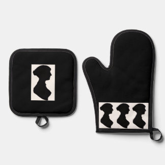 Jane Austens Silhouette auf Schwarz Ofenhandschuh & Topflappen-Set
