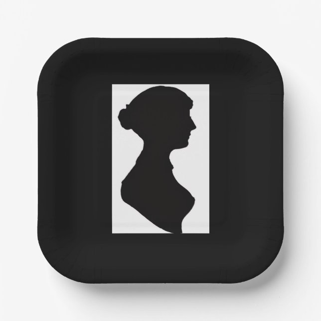 Jane Austens Silhouette auf Schwarz Pappteller (Vorderseite)