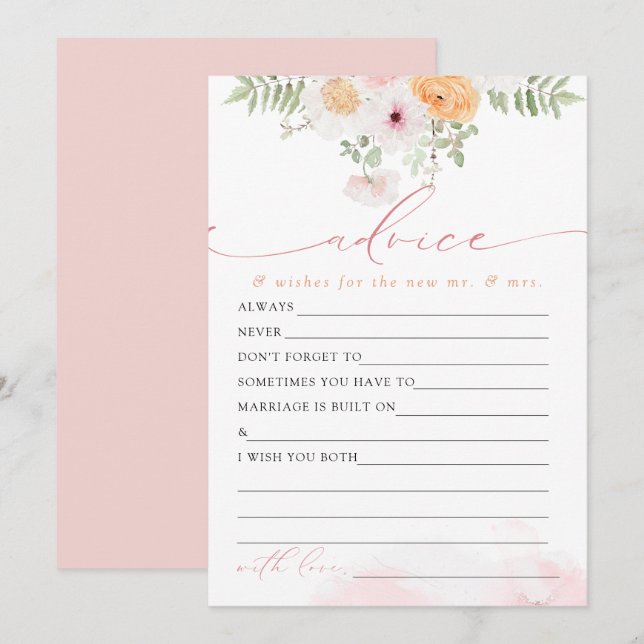 JANE Blush Floral Bridge Advice & Wishings Game Ca Einladung (Vorne/Hinten)