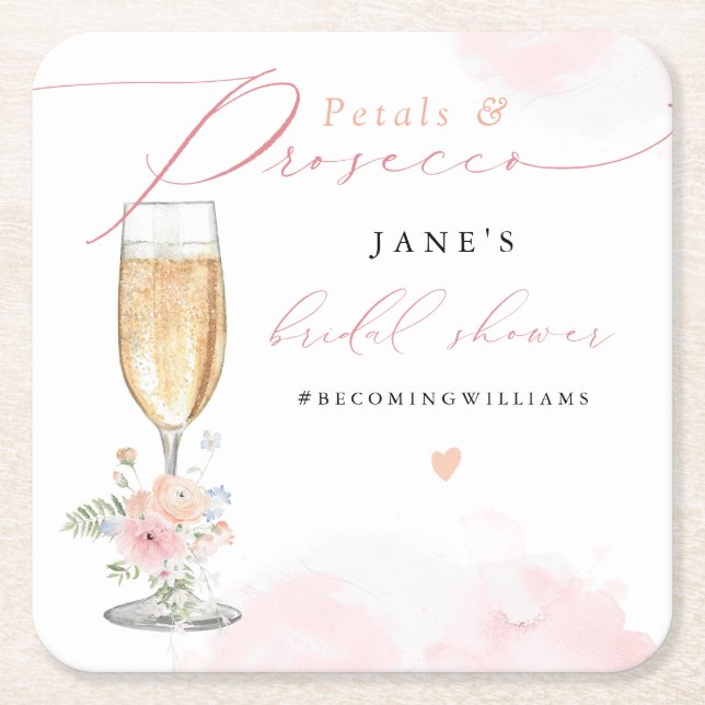 JANE Blush Floral Petals & Prosecco Brautparty Rechteckiger Pappuntersetzer (Vorderseite)