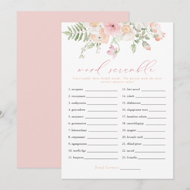 JANE Blush Pink Floral Bridal Word Scramble Game Einladung (Vorne/Hinten)