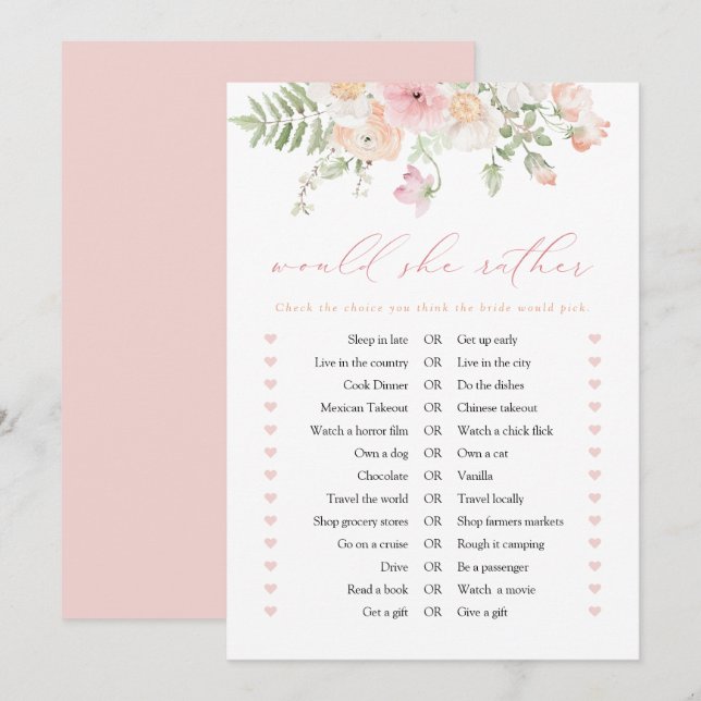 JANE Blush Pink Floral würde sie eher Spielkarte Einladung (Vorne/Hinten)