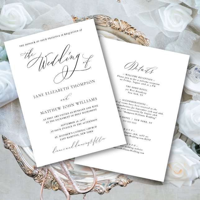 Jane Catholic Wedding Einladung mit UAWG (This elegant, all-in-one- invite has a romantic elegance thanks to the flowing calligraphy script)