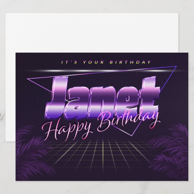 Janet Nom Prénom lila retro Carte Anniversaire (Devant / Derrière)