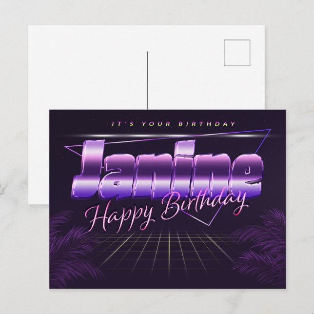 Janine Name Vorname lila Postkarte Geburtstag (Vorne/Hinten)