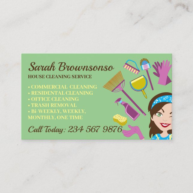 Janitorial Green Eye Lady Cartoon House Reinigung Visitenkarte (Vorderseite)