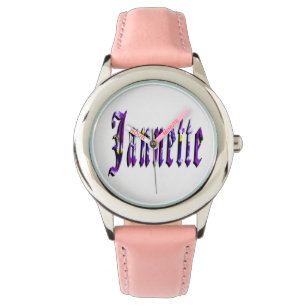 Jannette, Name, Logo, Girls Pink Leder Uhr. Armbanduhr