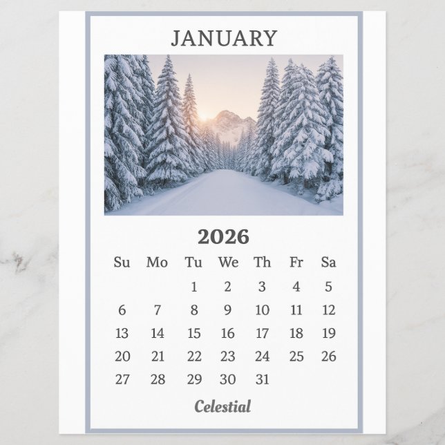 Januar 2026 Snowy Mountain Calendar Page Flyer (Vorne)