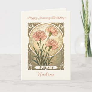 Januar-Geburtsblume Rosa Nelken Art Nouveau S Karte