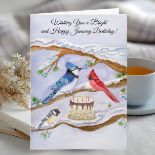 Januar-Geburtstag mit Hinterhofvögeln und Kuchen Karte