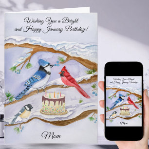 Januar-Geburtstag mit Hinterhofvögeln und Kuchen-M Karte