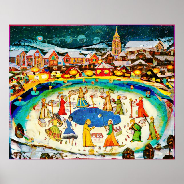 Januar Naive Folk Art Winternacht Poster (Vorne)