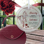 Januar Snowdrop Floral Geburtstag Keepake Ornament Aus Glas<br><div class="desc">Im Januar werden zwei Blume Geburtstage dieses Monats gefeiert: Nelken und Schneeabfälle. Dieses Design besticht durch die zarte Schönheit der Schneekanäle. Der Edelstein für Januar ist Granat. In diesem Design sind die Schneeabwurf-Blume und die Edelsteine sowie der Name des Empfängers in Garnetfarbe dargestellt. Wir haben ihn mit einem "glücklichen Geburtstag"-Gruß...</div>