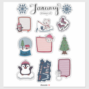 Januar-Stickerblatt – Kuschel-Bären und Wintermagi Aufkleber