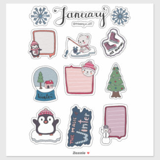 Januar-Stickerblatt – Kuschel-Bären und Wintermagi Aufkleber