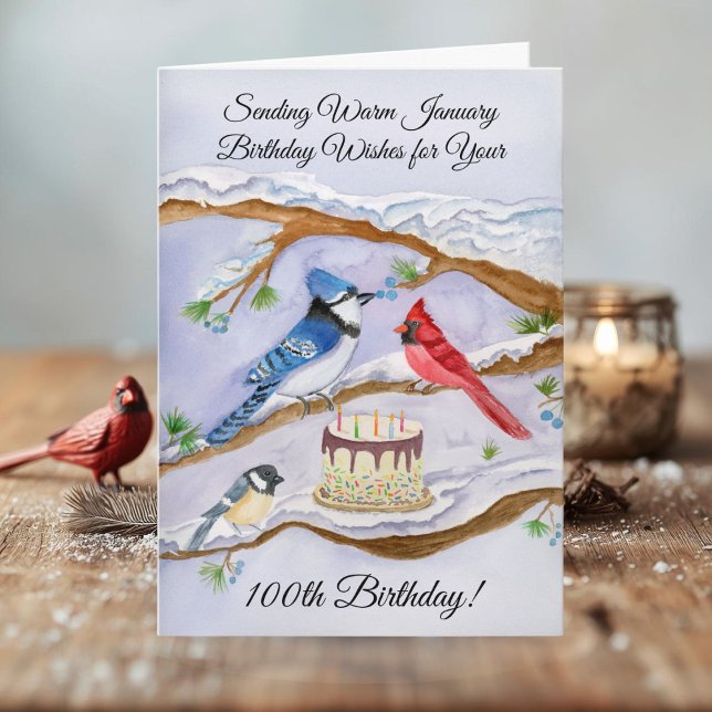 January 100th Birthday Backyard Birds Watercolor Karte (Von Creator hochgeladen)
