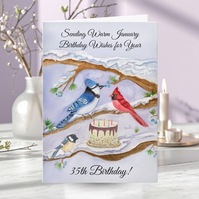 January 35th Birthday Backyard Birds Watercolor Karte (Von Creator hochgeladen)