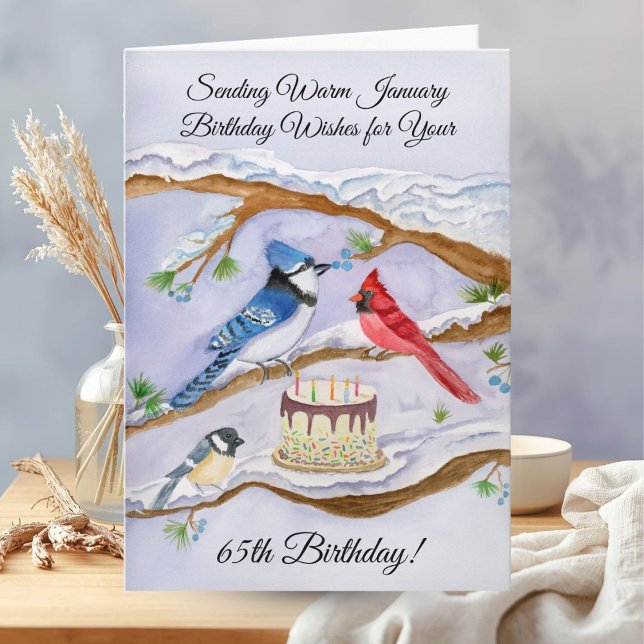 January 65th Birthday Backyard Birds Watercolor Karte (Von Creator hochgeladen)