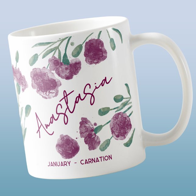 January Birth Flower Custom Name Carnation Kaffeetasse (Von Creator hochgeladen)