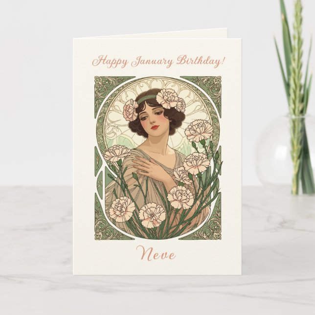 January Birth Flower Pink Dianthus Art Nouveau Sty Karte (Vorderseite)