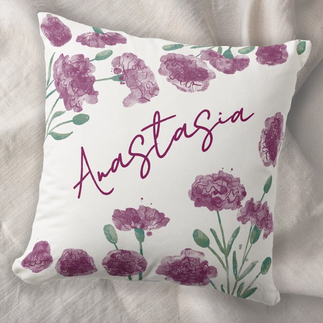 January Birth Month Carnation Personalized Kissen (January birth month flower personalized custom script name watercolor carnation botanical art pillow)